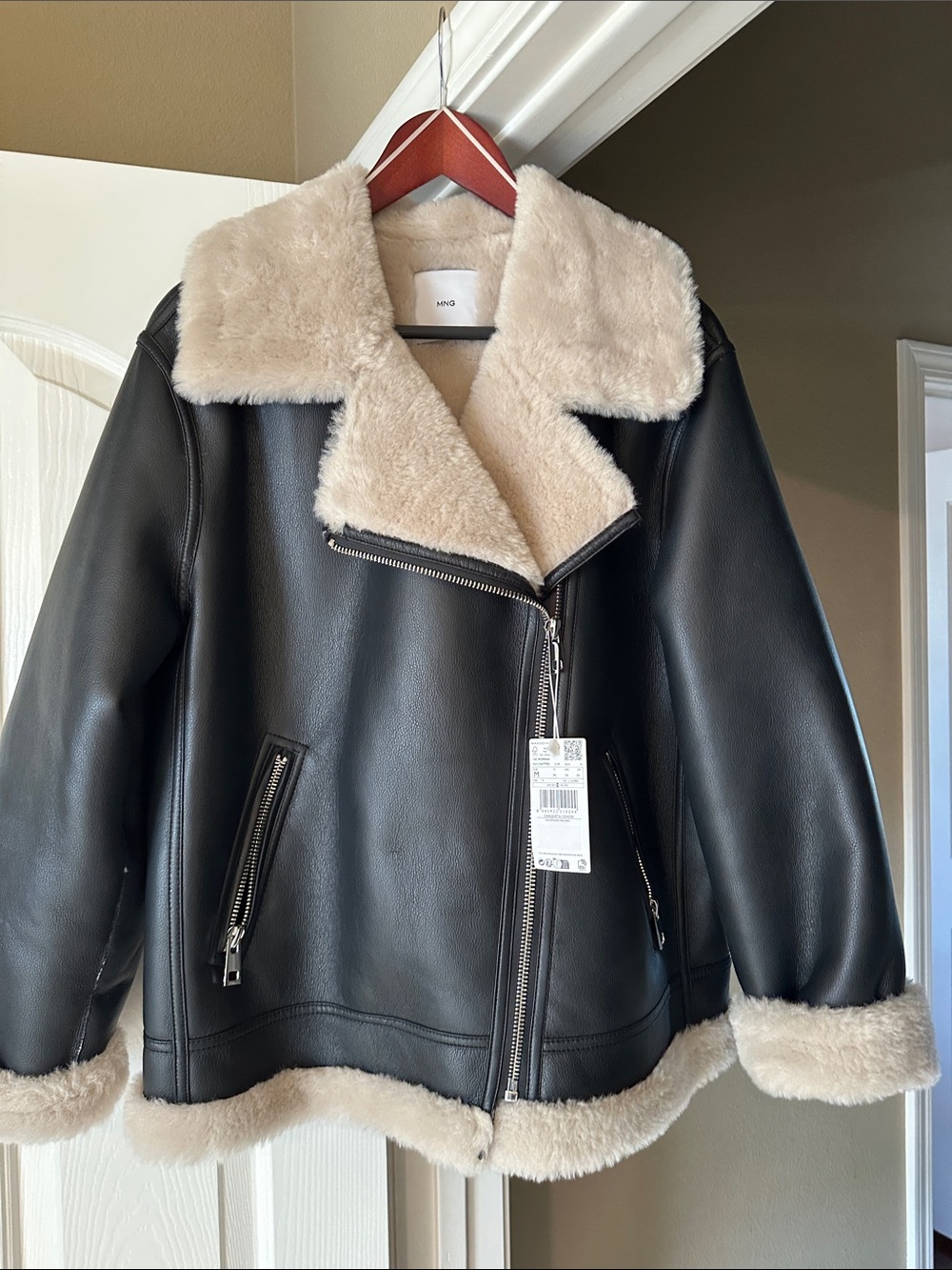 Mango Black Faux Leather Jacket with Cream Shearling Trim